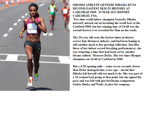 OROMO ATHLETE GENZEBE DIBABA RUNS SECOND-FASTEST 5KM IN HISTORY AT CARLSBAD 5000. 29 MAR 2015 REPORT CARLSBAD, USA.