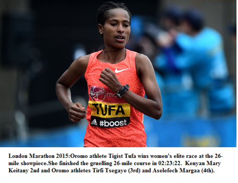 London Marathon 2015, Oromo athleteTigist Tufa wins women's elite race at the 26-mile showpiece