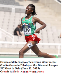 Oromo athelete Sinbiree Teferi 2nd in the Diamond League 5K Meet in Oslo (June 11, 2015)